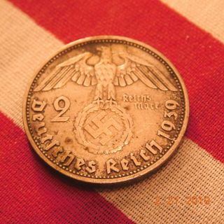 2 DR Mark 1939 D Silver Coin.  625 Paul Von Hindenburg Germany 4
