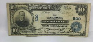 1902 $10 National Bank Note Plain Back Fall River National Bank Fall River Ma