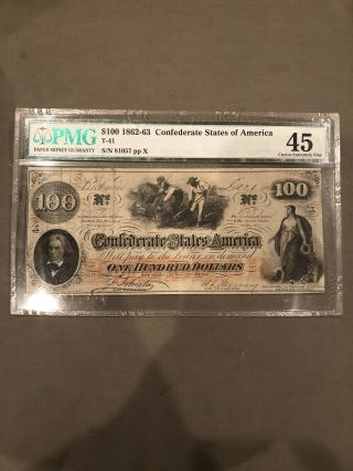 1862 - 63 $100 Csa Confederate States Of America Note T - 41 Pmg Au - 45