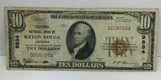 1929 $10 Type 1 Louisiana National Bank Baton Rouge National Currency Note 9834