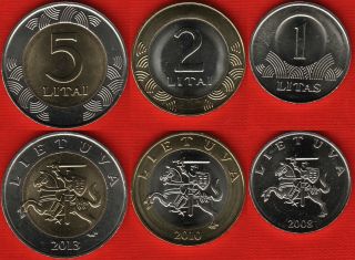 Lithuania Set Of 3 Coins: 1 - 2 - 5 Litas 2008 - 2013 Unc