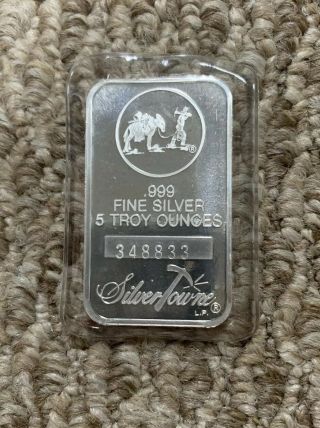 5 Oz.  Silvertowne Silver Bar - Trademark Prospector Design - 999 Fine