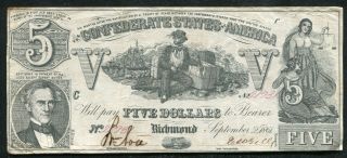T - 37 1861 $5 Five Dollars Csa Confederate States Of America Currency Note Vf,