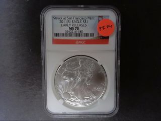 2011 - S American Silver Eagle - Ngc Ms70 Early Releases - Red Label