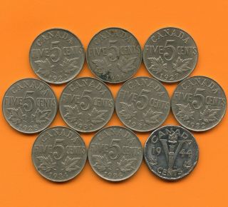 10 Canada 5 Cent Coins 1922 1924 1927 1928 1930 1931 1932 1934 1936 1944