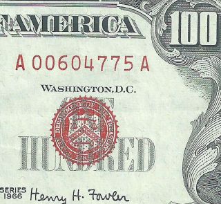 1966 $100 Us Note A00604775a Red Seal