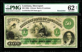 1860s Shreveport,  Louisiana $50 Citizens Obsolete Bank Note Pmg Gem Unc 65 Epq