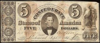 Reoeivable Error 1861 $5 Confederate States Currency Civil War Note T - 34 Pf - 6