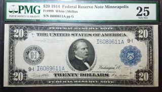 Fr 999 1914 $20 Federal Reserve Note Minneapolis Vf25