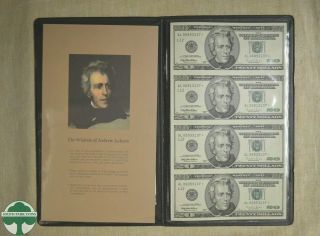 Uncut Sheet Of 4 Series 1996 $20 Federal Reserve Notes W/ Papers In Folder