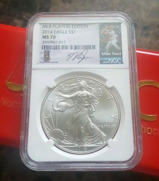 2014 American Silver Eagle Coin Ngc Ms70 - Mlb Players - Mike Trout - 1oz.  999