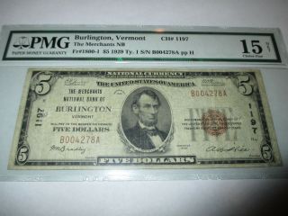 $5 1929 Burlington Vermont Vt National Currency Bank Note Bill Ch.  1197 Pmg
