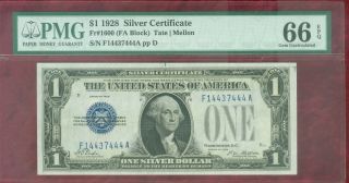 Pmg Gem Uncirculated " 66 " 1928 $1.  00 Silver Certificate - Fr 1600 - Tate/mellon