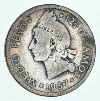 World Coin - 1937 Dominican Republic 1/2 Peso - World Silver Coin 12.  1g 991