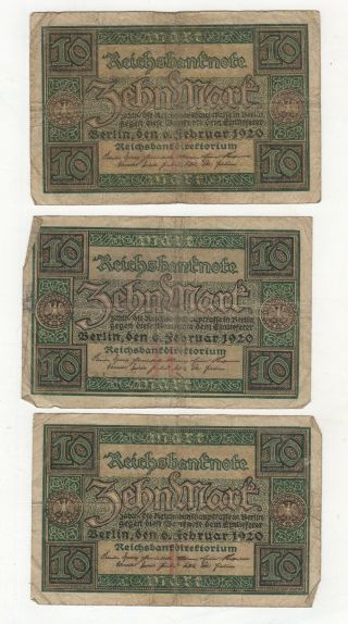 Germany 1920 Old 10 Mark Banknote Paper Money Currency Bill Note