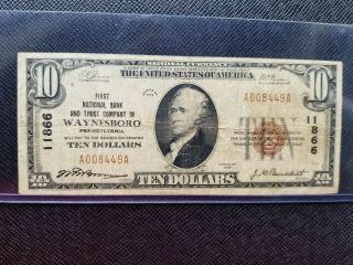 1929 $10 National Banknote Ch 11866 Waynesboro Pa Low Serial Fancy