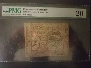 Us Continental Currency $4 Bill May 9,  1776 Pmg Graded 20 (very Fine)
