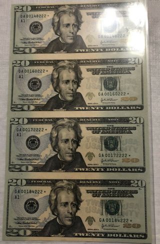 2004 U.  S.  $20 Twenty Dollar Bill Set Of (4) Uncut Sheet,  Currency,  Money