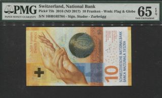 Tt Pk 75b 2016 Switzerland National Bank 10 Franken Pmg 65 Epq Gem Uncirculated