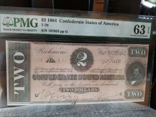 1864 $2 Csa T - 70 Confederate Notes Civil War Pmg - 63 Epq