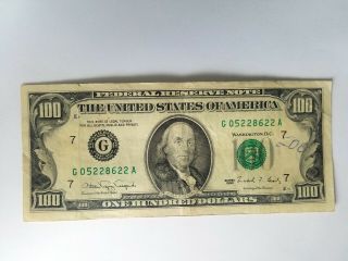 1990 $100 100 Hundred Dollar Bill,  Federal Reserve Note,  Serial G05228622a