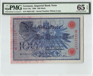 Germany,  Reichsbanknote 1908 P - 33a Pmg Gem Unc 65 Epq 100 Mark (red S/n)
