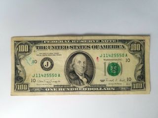1990 $100 100 Hundred Dollar Bill,  Federal Reserve Note,  Serial J11425550a