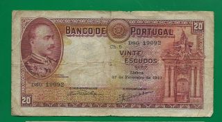1940 Bank Of Portugal 20 Escudos Banknote Paper Money Note Signed Wwii K - 9