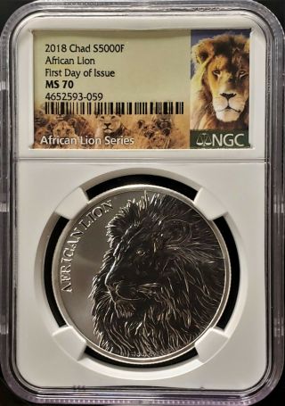 2018 Republic Of Chad African Lion 1 Oz Silver 5,  000f Ngc Ms70 Fdoi Top Pop 358