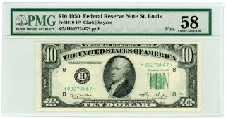 1950 Fr.  2010 - H $10 U.  S.  (st.  Louis,  Mo) Federal Reserve Star Note - Pmg 58