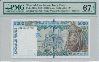 Banque Centrale West African States 5000 Francs 2002 Ivory Coast Pmg 67epq