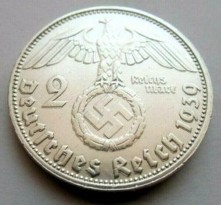 (564) Wwii German 2 Mark - 1939 D - Silver - Coin Big Swastika