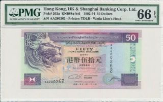 Hong Kong Bank Hong Kong $50 1993 Prefix Aa Pmg 66epq