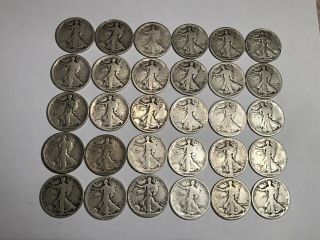 $15 Face Value 90 Silver Walking Liberty Half Dollars,  30 Coins,  Low Grade