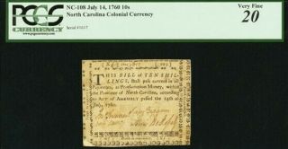 Colonial Currency North Carolina July 14,  1760 10s Pcgs Very Fine 20