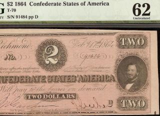 Unc 1864 $2 Two Dollar Confederate States Currcency Civil War Note T - 70 Pmg 62