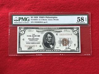 Fr - 1850c 1929 Series $5 Philadelphia Federal Reserve Bank Note Pmg 58 Epq Au