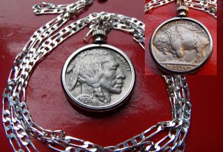 1936 - 1937 Full Horn Buffalo Nickel On A 20 " 925 Sterling Silver Chain