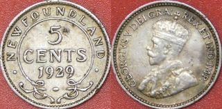 Very Fine 1929 Canada Newfoundland Silver 5 Cents