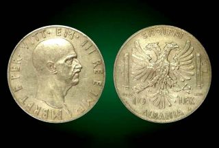 10 Lek.  Silver Coin.  Made In Italy.  Albania 1939 - No 2