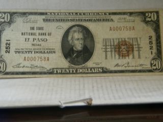 $20 Small Note 1929 The State National Bank Of El Paso Tx Low Serial 000758a