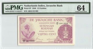 Netherlands Indies 1948 P - 97 Pmg Choice Unc 64 1/2 Gulden