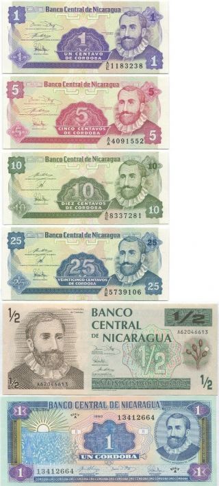 Nicaragua 1 To 50 Centavos 1 Cordoba 1991 Unc (p - 167 To 173) ; Set 6 Notes