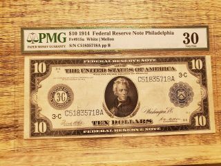 Fr.  915a 1914 Frn $10 Philadelphia White/mellon Pmg 30 Very Fine Large Size Note