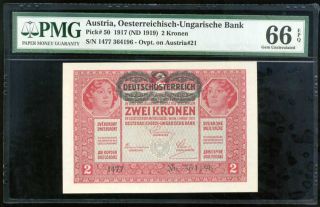 Austria 2 Kronen 1917 / 1919 P 50 Gem Unc Pmg 66 Epq High