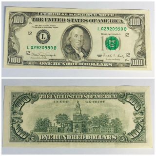 1990 $100 Dollar Bill Note Federal Reserve Us Currency Old Money L02920990b