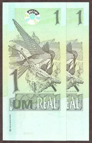 (2) 2003 Nd Brazil 1 Real Note - Pick 251a - Series 0001 - Consec Sn 