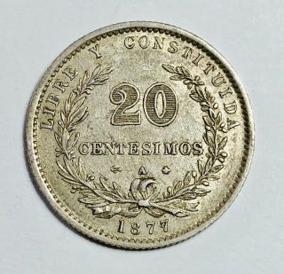 1877 Uruguay 20 Centesimos Silver (. 900) Coin Km 15