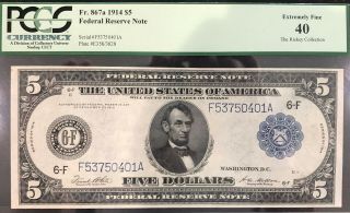 Fr.  867a $5 1914 Federal Reserve Note Pcgs Extremely Fine 40