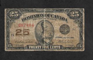 Canadian Money: 1923.  25¢ Shinplaster Dominion Of Canada,  Paper,  2 1/2 " X 4 1/2 "